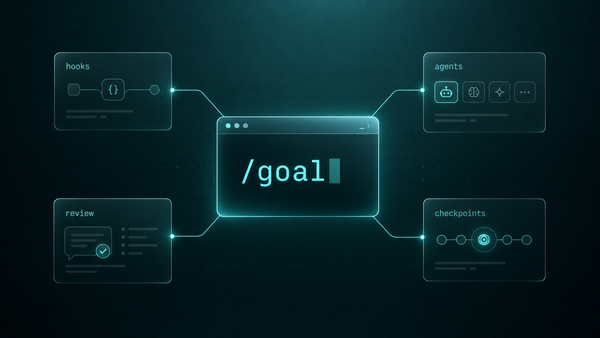 Abstract teal workflow-control dashboard showing /goal connected to agents, hooks, review, and checkpoints.
